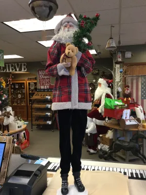 36”  SANTA WITH PLAID JACKET HOLDING BEAR AND TREE