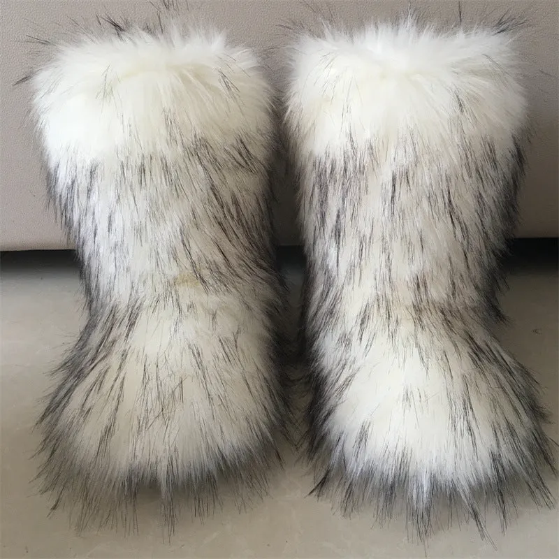 Raccoon Dog Fox Fur Snow Boots – High Top Winter Flat Boots in Brown