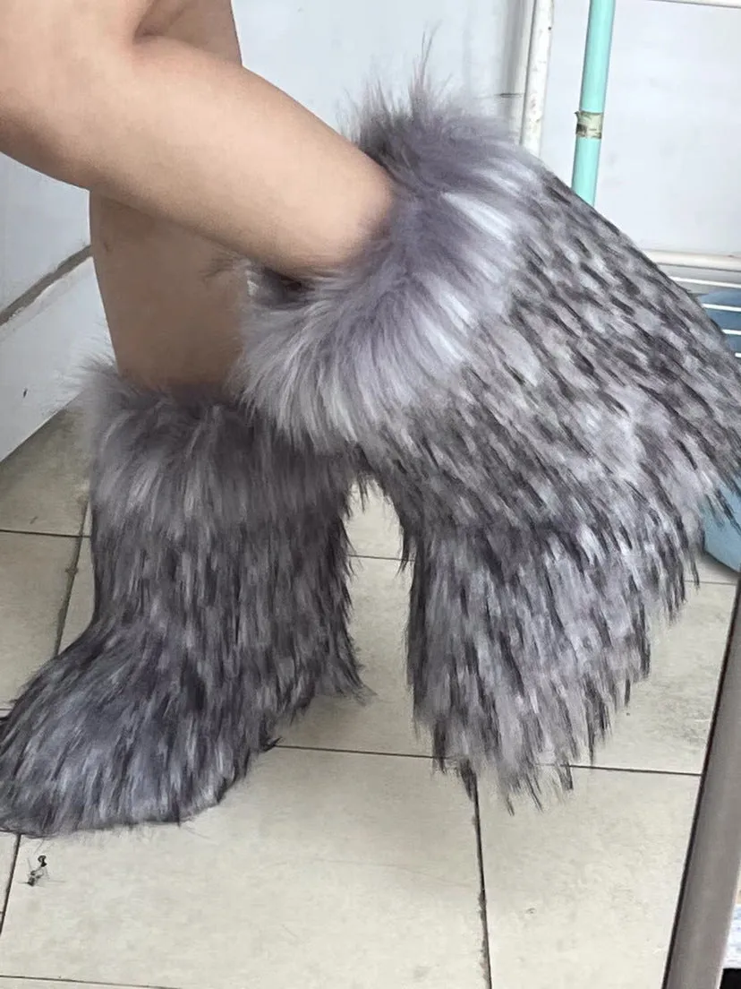Raccoon Dog Fox Fur Snow Boots – High Top Winter Flat Boots in Brown