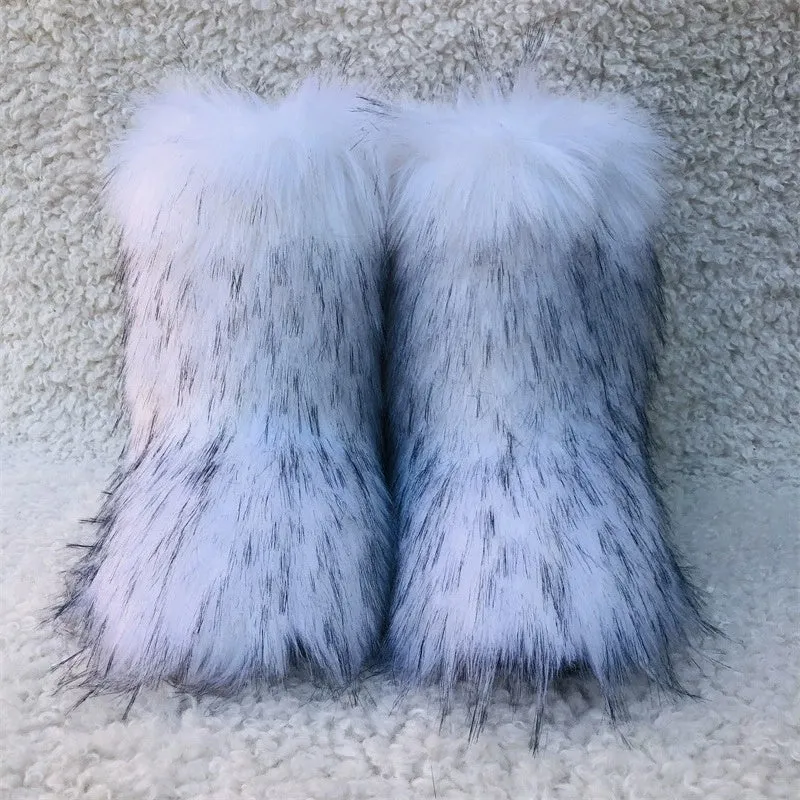 Raccoon Dog Fox Fur Snow Boots – High Top Winter Flat Boots in Brown