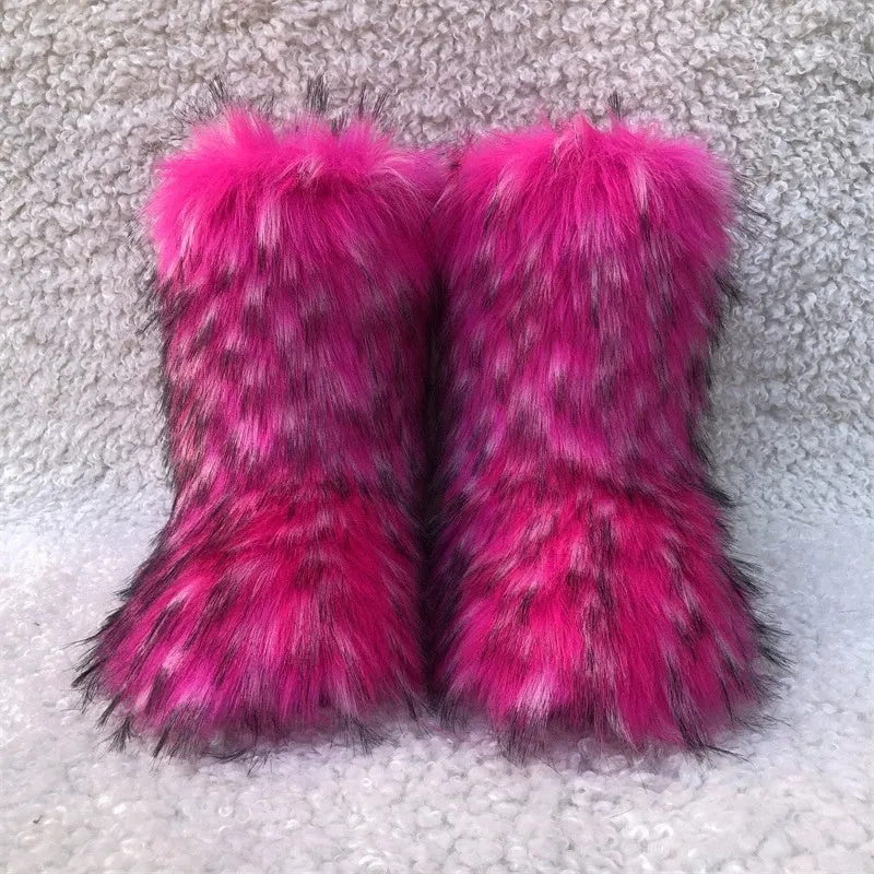 Raccoon Dog Fox Fur Snow Boots – High Top Winter Flat Boots in Brown