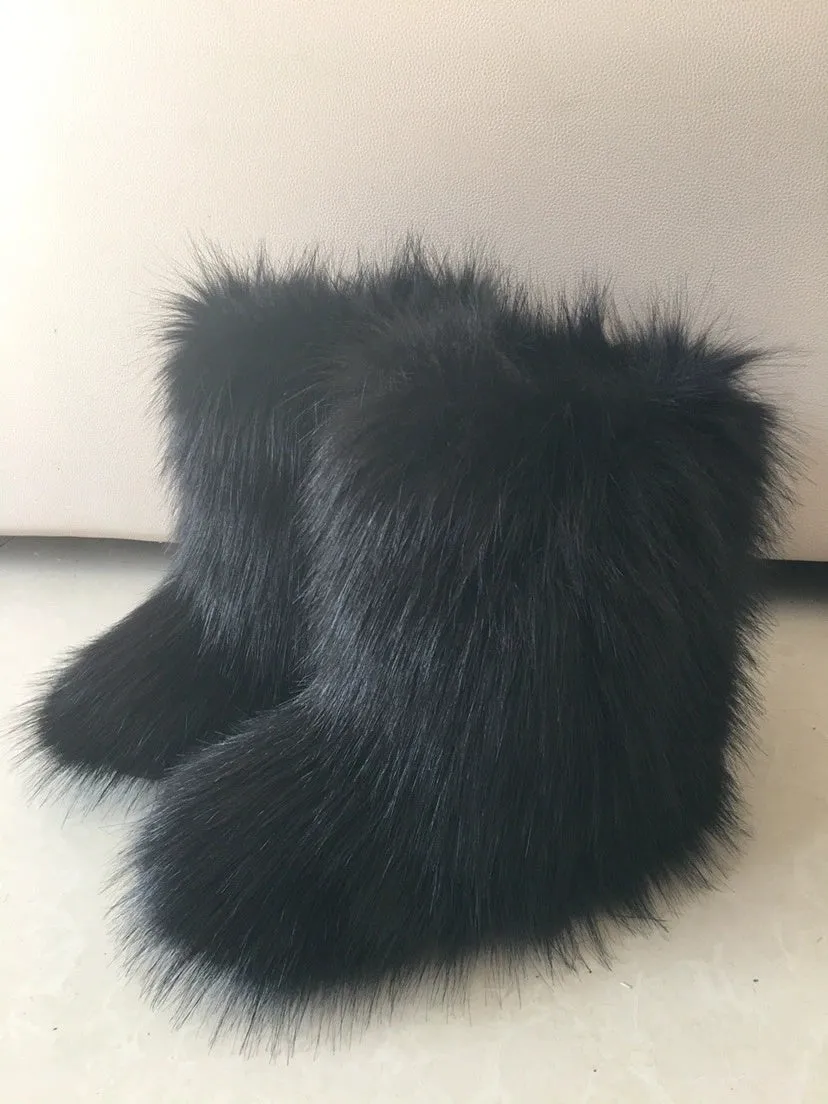 Raccoon Dog Fox Fur Snow Boots – High Top Winter Flat Boots in Brown