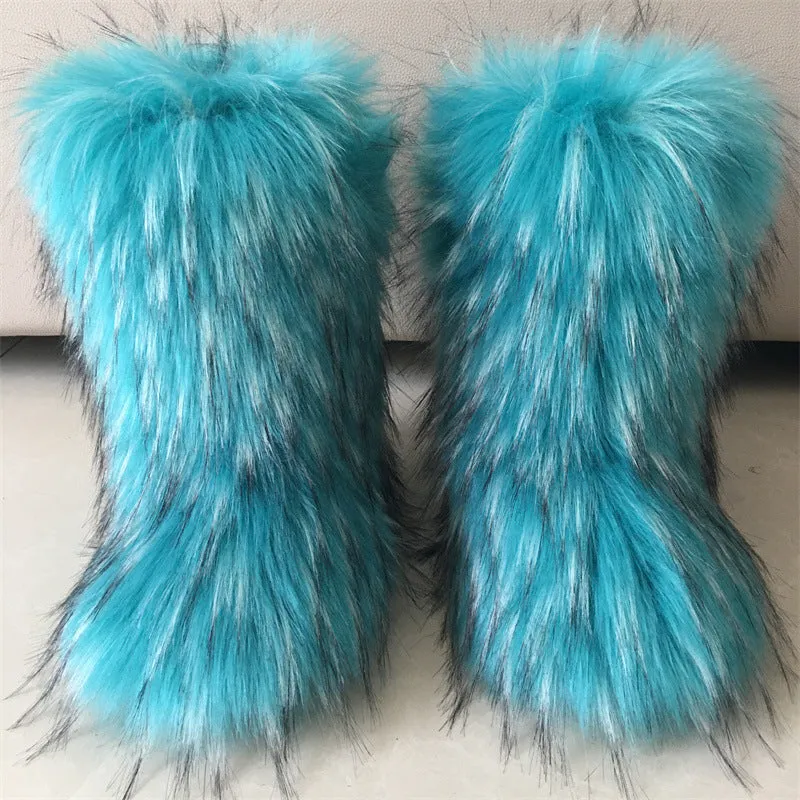 Raccoon Dog Fox Fur Snow Boots – High Top Winter Flat Boots in Brown