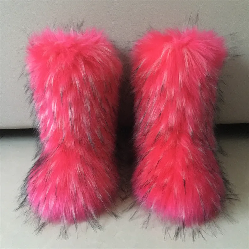 Raccoon Dog Fox Fur Snow Boots – High Top Winter Flat Boots in Brown