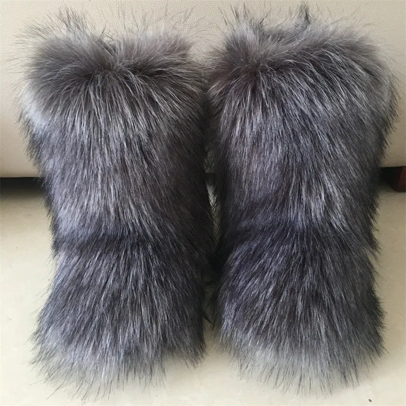 Raccoon Dog Fox Fur Snow Boots – High Top Winter Flat Boots in Brown