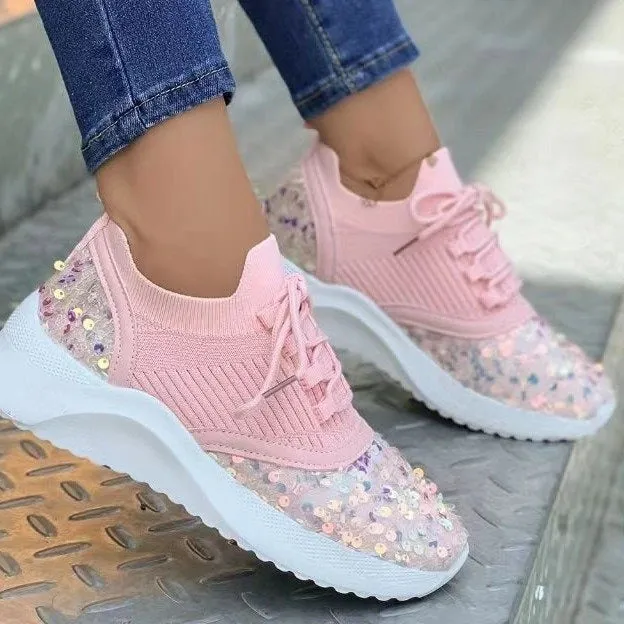 Sequin Fly Weave Breathable Lace Up Shoes