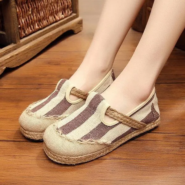 Stripe Pattern Flax Breathable Retro Flat Slip On Women Shoes