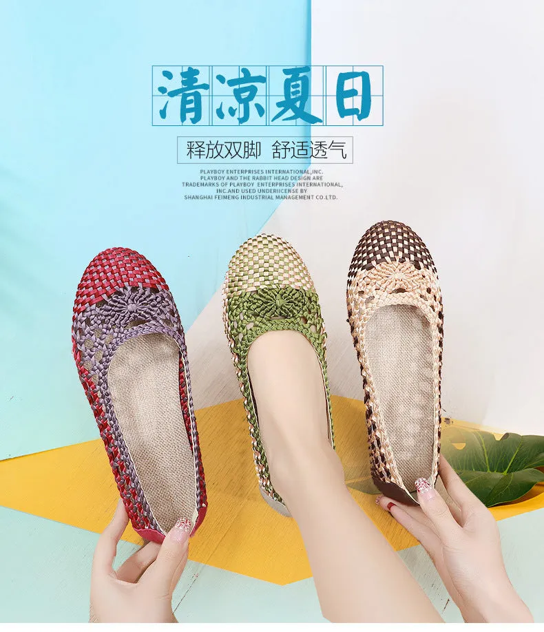 Vanccy Summer Fashion Casual Mesh Lofaers Hollow Breathable Weaving  Mom Shoes