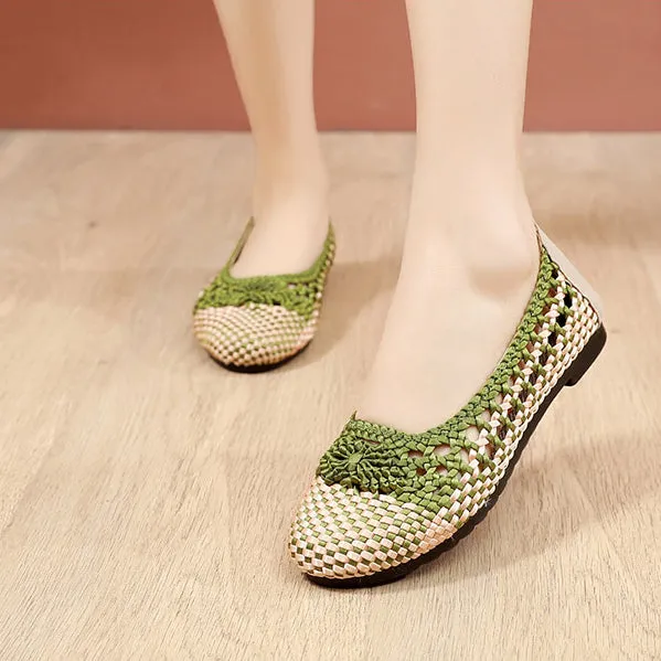 Vanccy Summer Fashion Casual Mesh Lofaers Hollow Breathable Weaving  Mom Shoes